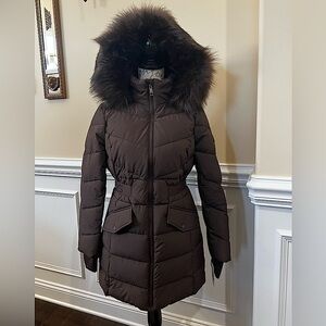Brown, Puffer Knee Length Coat with Removable Faux Fur Hood and Cinched Waist.